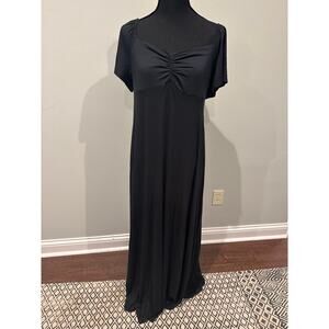 ModCloth Black Maxi Dress Jersey Knit Short Sleeve Peasant Ruched Size L NWT